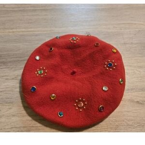 Vintage Wool Beret Hat Red Rhinestone Czech Czechoslovakia